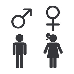 Isolated pictogram showing male and female gender symbols with human figures, representing gender identity, equality, and relationship concept illustration.