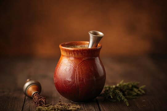 Traditional calabash gourd with bombilla used for drinking mate, selective focus
