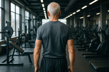 Naklejka premium Elderly fitness enthusiast exercising in gym for healthy lifestyle and physical well-being. concept of active aging, strength training, wellness journey