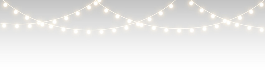 Christmas garland string lights shining with bright bulbs, glowing seasonal star and holiday decoration png.
