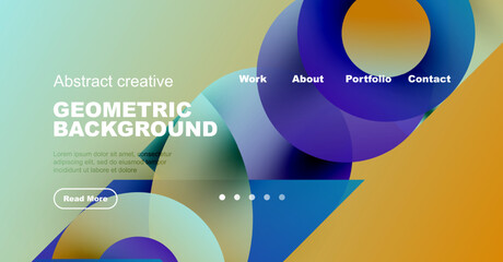 Abstract website mockup features vibrant geometric shapes, text overlays, navigation menu. Modern design promotes creativity, portfolio access.