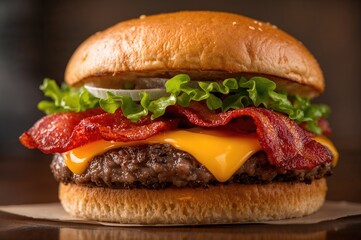 Close-up shot of a double cheeseburger with crispy bacon