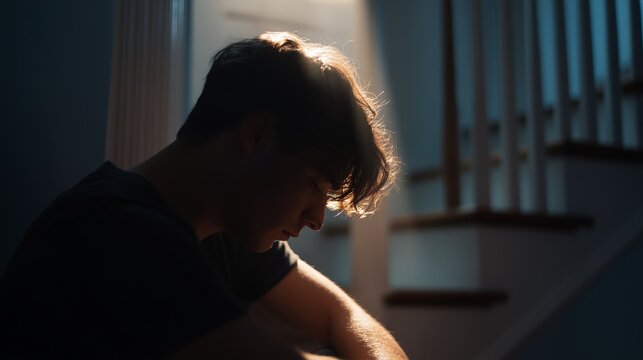 Young man appears contemplative in dimly lit stairway environment during evening hours