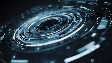 Futuristic Technology Interface Displaying Circular Data and Network Connections in an Abstract Digital Landscape Offering a Glimpse into Advanced Technologies