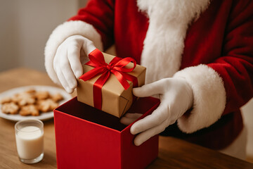 Santa's hands carefully wrapping a gift with red ribbon on wooden table with milk and cookies nearby. concept of christmas traditions, holiday spirit, festive celebration