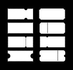 Admit one tickets simple samples. Empty flat patterns. Ticket templates for cinema, circus, theater, festival, casino, club. Boarding blanks, lottery, sale coupons icons. Blanks backgrounds mockups.