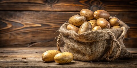 A cluster of ripe potatoes are piled high in a brown burlap bag with a worn handle and twine ties, potatoes, rustic, potatoes