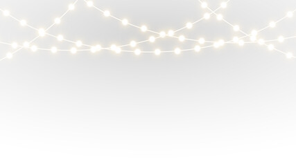 Christmas garland string lights shining with bright bulbs, glowing seasonal star and holiday decoration png.  © Iryna
