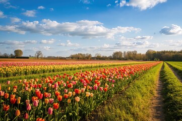 Fototapeta premium A vast field of blooming tulips during spring