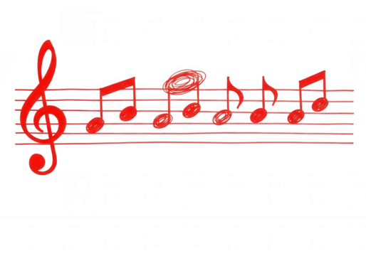 Red musical notes on black staff isolated on a transparent background