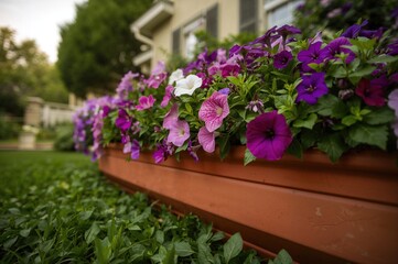 Fototapeta premium Close-up of vibrant Petunia blooms in an extended planter outdoors. Gardening theme.