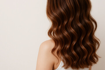Naklejka premium Brunette woman with wavy hair on pastel background showcasing natural beauty and elegant style. concept of personal care, hairstyling, fashion, beauty enhancement
