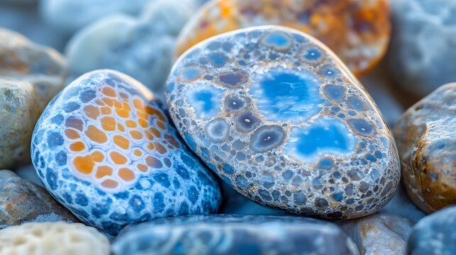 Polished jasper stones with blue and orange spots in close-up arrangement, abstract texture