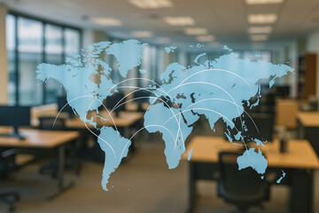 Global digital connectivity in a modern office setting highlighting worldwide communication networks and technological advancement concept for international collaboration