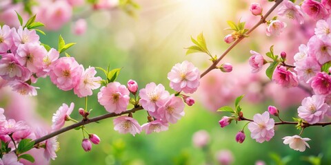 Pink cherry blossoms against a lush green foliage, softly scattered petals and delicate branches , garden decor, botanical illustration