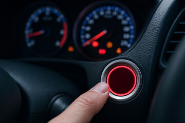 Close-up of hand pressing red start button in modern car interior with dashboard display illuminated. concept of technology, vehicle operation, automotive design