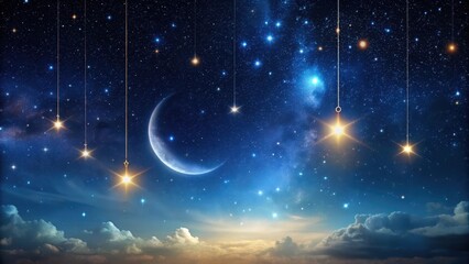 Dark night sky with twinkling stars and a crescent moon hanging low in the horizon