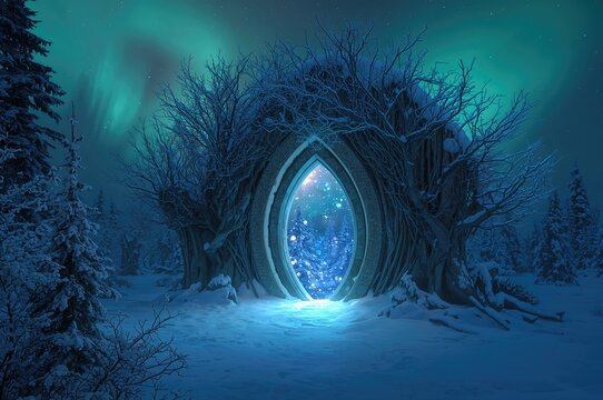 A sparkling portal nestled within an arch of youthful trees stands over a snowy clearing in a frosty forest. Enchanting rituals beneath the aurora borealis. Fantasy