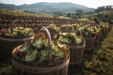 Freshly harvested lettuce heads placed in rustic wooden baskets on an organic farm. Sustainable farming and eco-friendly agriculture theme.