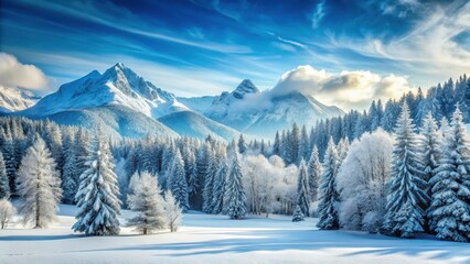 Snowy mountain landscape with trees, snowy forest, frozen water,  snowy forest, frozen water, cold, white