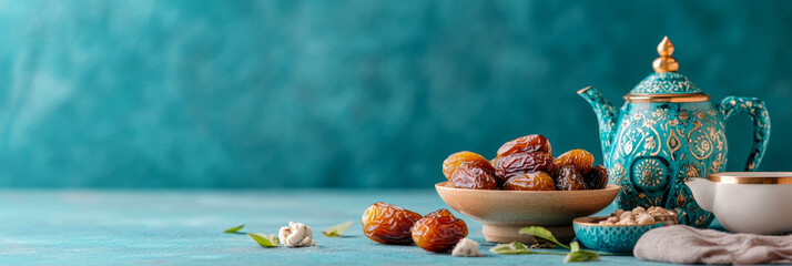 Beautifully Ornate Teal Teapot, Fresh Medjool Dates, and Sweet Treats on Textured Blue Surface, Evoking Middle Eastern Hospitality and Ramadan Spirit