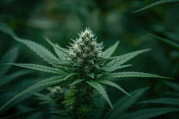 Therapeutic hemp flower close-up with natural leaves and agricultural background