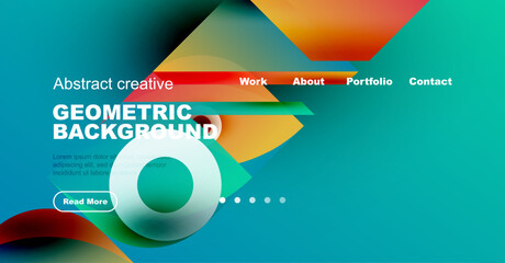 Modern website header design. Vibrant colors, geometric shapes, text overlay, navigation menu present. Clean, professional aesthetic.