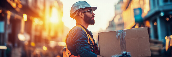 Bearded delivery worker or tradesman in hard hat and safety vest carrying cardboard box through sunlit urban street with blurred buildings and vibrant bokeh