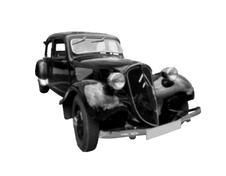 Vintage car in black and white halftone style. The retro vehicle with curved fenders and distinctive