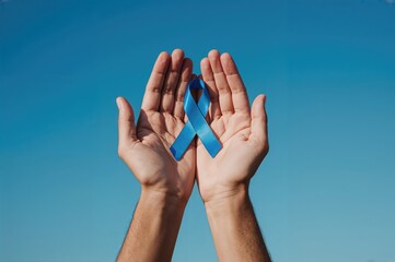 Person holding a blue ribbon against the sky symbolizing health awareness