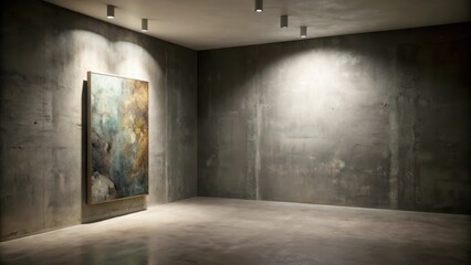 A dimly lit room with a single greyish-brown wall and a few scattered pieces of abstract art, quiet surroundings , solitary feel