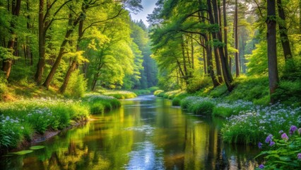 Fototapeta premium Serene river meanders through a dense forest of tall trees with lush green foliage and vibrant wildflowers, natural beauty, greenery