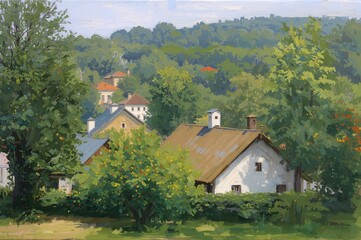 Obraz premium 4-in-1 Oil Painting Featuring a Garden Landscape with Trees in a Village Setting