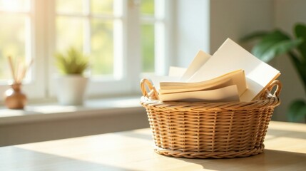 Fototapeta premium Sunlit Still Life A Woven Basket Filled with Blank Paper Pages Resting on a Wooden Table by a Window