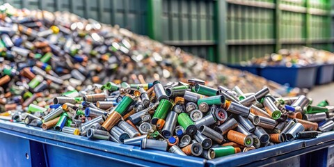A large pile of used lithium batteries in a recycling bin, with a sorting machine in the background and various materials being processed , electronic waste recycling , eco-friendly practices
