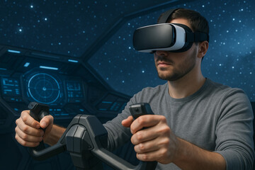 Virtual spacecraft flight simulation with virtual reality headset in futuristic cockpit background. concept of space exploration, vr technology, pilot training.