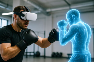 Virtual reality boxing match with fighter against holographic opponent in gym setting. concept of futuristic training, digital simulation, innovative fitness experience