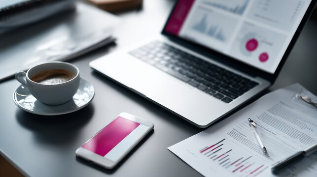 Coffee and laptop on a desk with business documents and smartphone during work hours