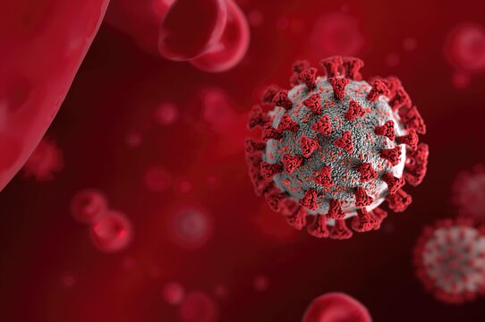 Close-up of Covid-19 virus particles and red blood cells inside a blood vessel. Digital illustration representing a public health crisis and viral outbreak. 4k resolution - Powered by Adobe