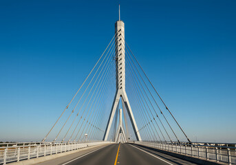 A modern cable-stayed bridge with a tall central tower and cables fanning out under a clear blue sky.
