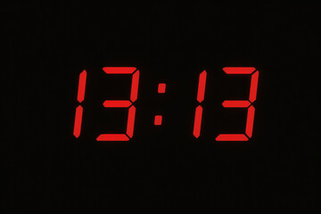 Red digital clock display showing 13:13 in a minimalist composition front view. concept of time, digital display, modern design