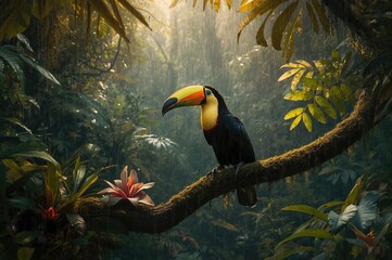 Wildlife adventure: Colorful toucan perched on a tree limb in the jungle