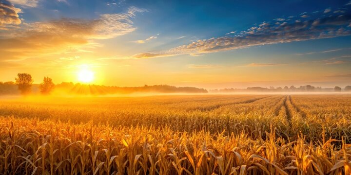 Golden sunrise lights up a vast cornfield on a clear blue sky with soft orange hues and gentle morning mist, blue sky