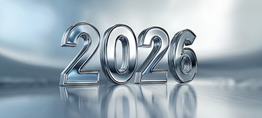 Futuristic metal 2026 numerals with reflection on shiny surface. concept of New Year, innovation, time passing, modern design, christmas