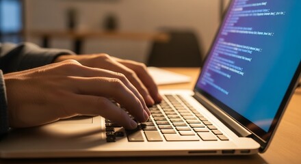 Close-up of hands typing code on laptop keyboard, showcasing lines of script, concept for software development, cybersecurity solutions and freelance technology work