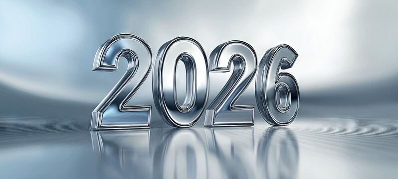 Futuristic metal 2026 numerals with reflection on shiny surface. concept of New Year, innovation, time passing, modern design, christmas