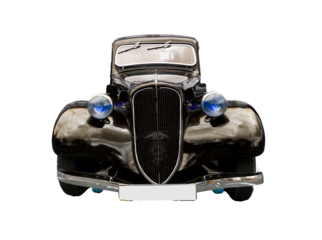 Front close-up of a vintage black car isolated on white background. The classic French car with blue