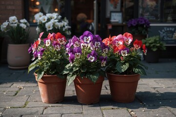 Obraz premium Lovely viola blossoms thriving in pots placed on the floor at an outdoor garden store, featuring textures and light of spring and summer floral design