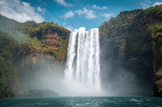 On a clear, sunny day, the world's highest waterfall plunges dramatically from a height of 978 meters.