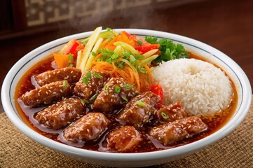 Sweet and sour meat served with vegetables and rice, Asian-style dish